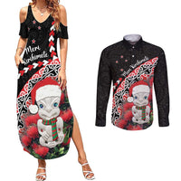 New Zealand Christmas Meri Kirihimete Couples Matching Summer Maxi Dress and Long Sleeve Button Shirt Santa Hei Tiki Pohutukawa LT01 Black - Polynesian Pride
