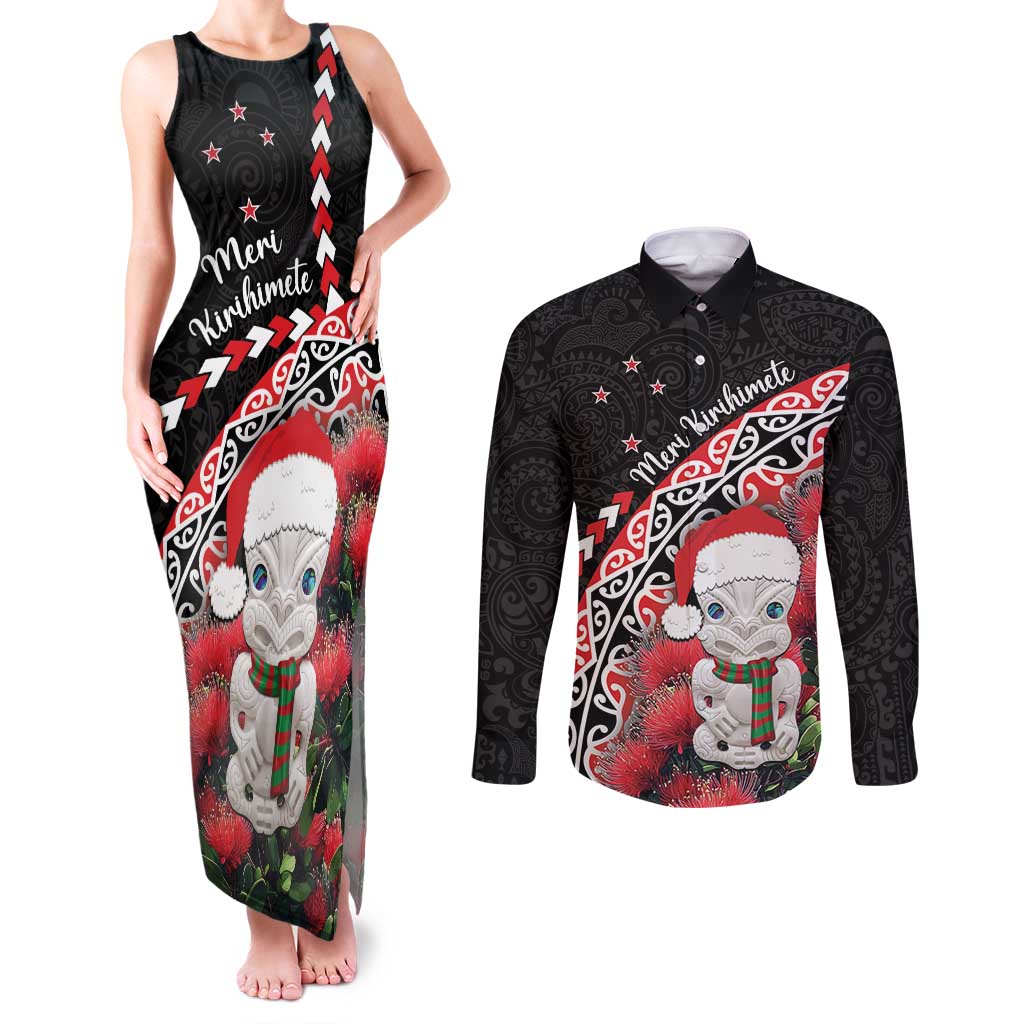 New Zealand Christmas Meri Kirihimete Couples Matching Tank Maxi Dress and Long Sleeve Button Shirt Santa Hei Tiki Pohutukawa LT01 Black - Polynesian Pride
