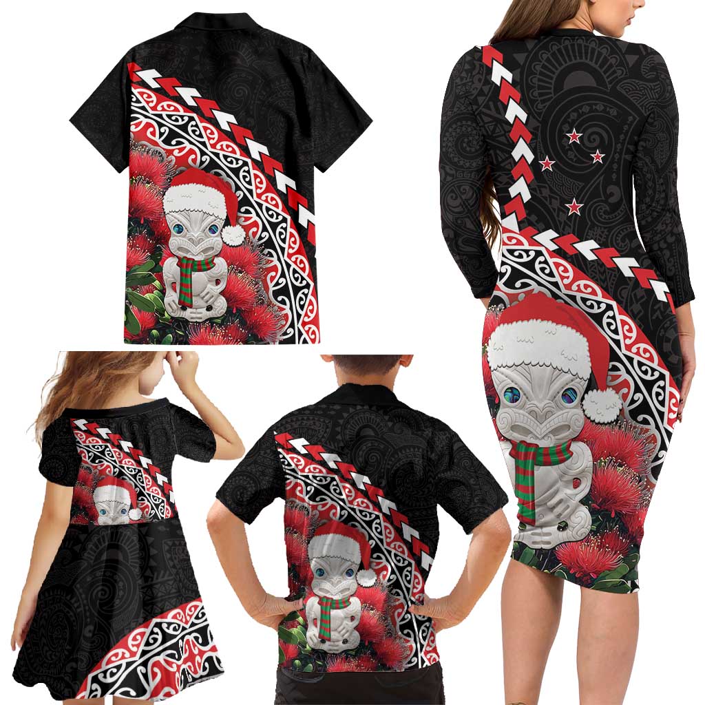 New Zealand Christmas Meri Kirihimete Family Matching Long Sleeve Bodycon Dress and Hawaiian Shirt Santa Hei Tiki Pohutukawa LT01 - Polynesian Pride