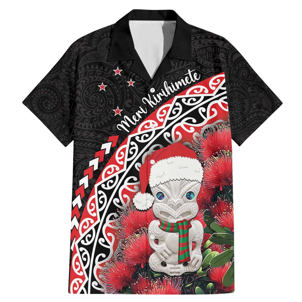 New Zealand Christmas Meri Kirihimete Family Matching Mermaid Dress and Hawaiian Shirt Santa Hei Tiki Pohutukawa LT01 Dad's Shirt - Short Sleeve Black - Polynesian Pride