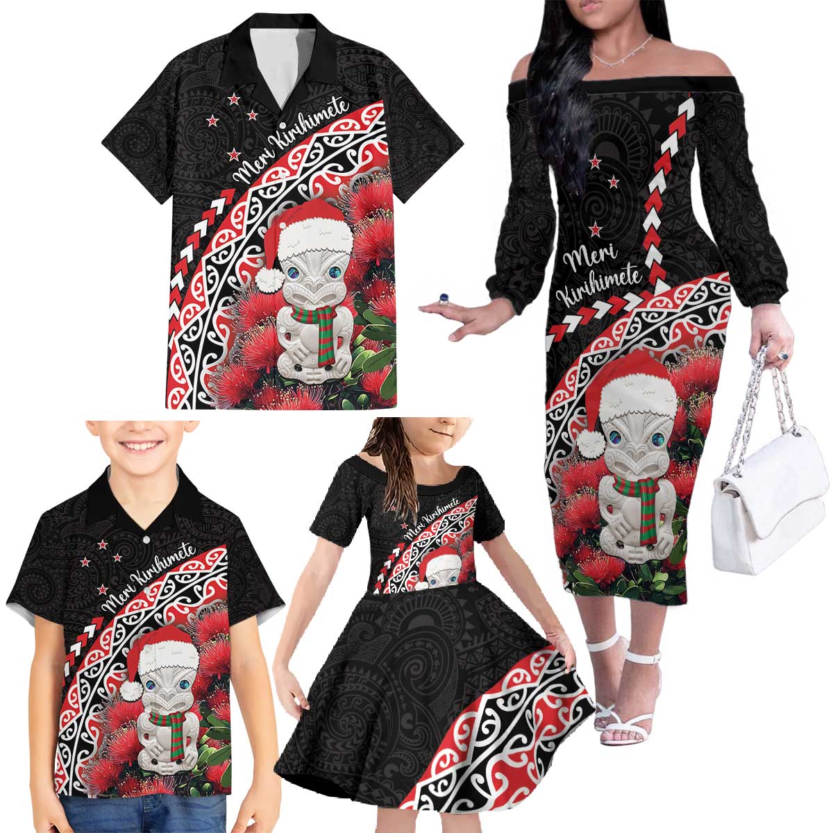 New Zealand Christmas Meri Kirihimete Family Matching Off The Shoulder Long Sleeve Dress and Hawaiian Shirt Santa Hei Tiki Pohutukawa LT01 - Polynesian Pride