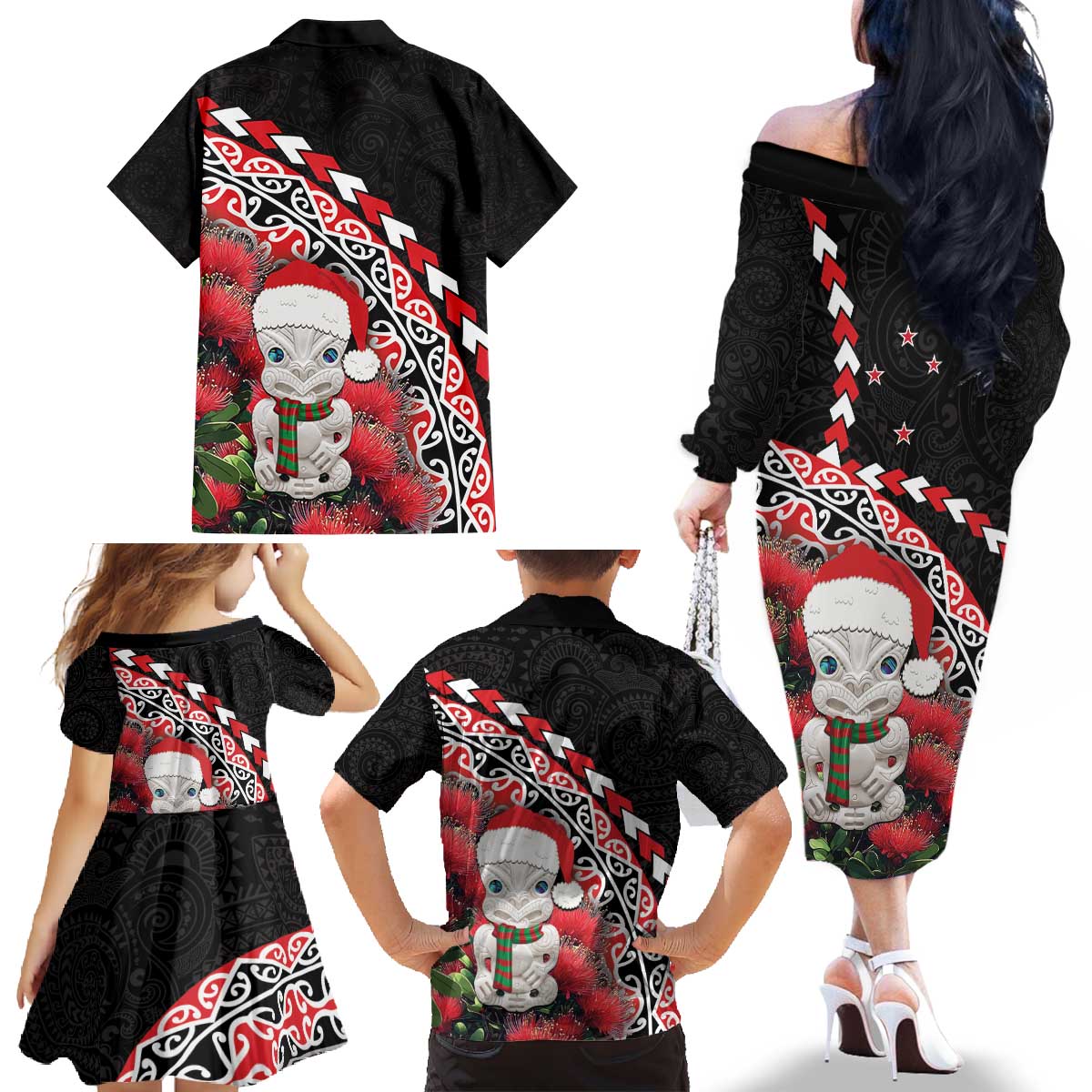 New Zealand Christmas Meri Kirihimete Family Matching Off The Shoulder Long Sleeve Dress and Hawaiian Shirt Santa Hei Tiki Pohutukawa LT01 - Polynesian Pride