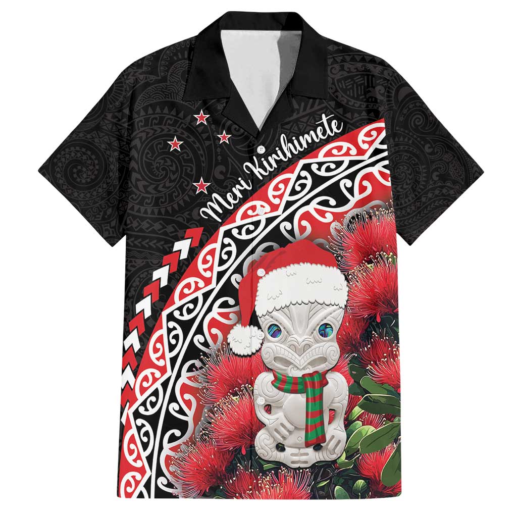New Zealand Christmas Meri Kirihimete Family Matching Off Shoulder Maxi Dress and Hawaiian Shirt Santa Hei Tiki Pohutukawa LT01 Dad's Shirt - Short Sleeve Black - Polynesian Pride