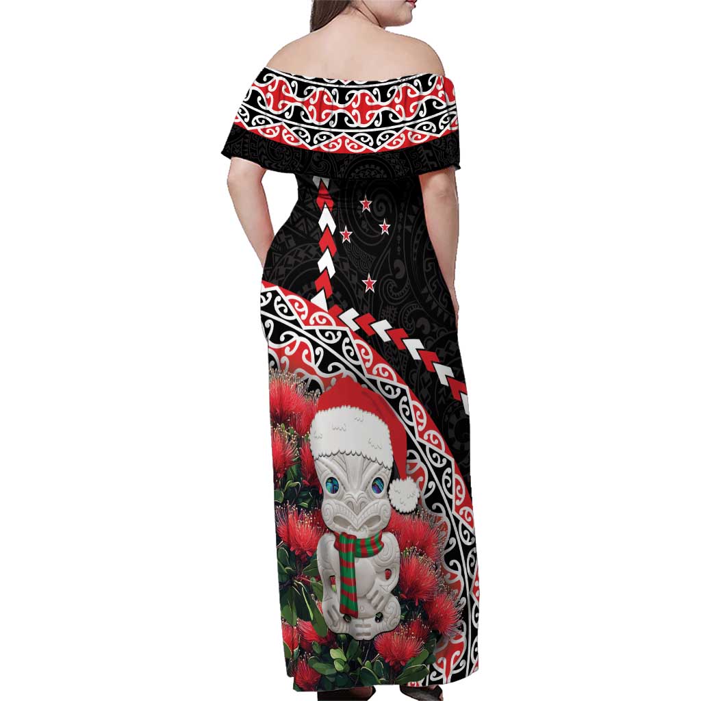 New Zealand Christmas Meri Kirihimete Family Matching Off Shoulder Maxi Dress and Hawaiian Shirt Santa Hei Tiki Pohutukawa LT01 - Polynesian Pride