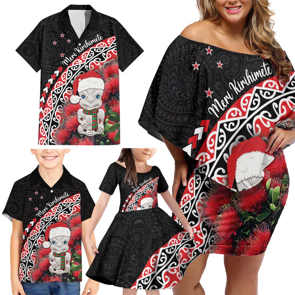 New Zealand Christmas Meri Kirihimete Family Matching Off Shoulder Short Dress and Hawaiian Shirt Santa Hei Tiki Pohutukawa LT01 - Polynesian Pride