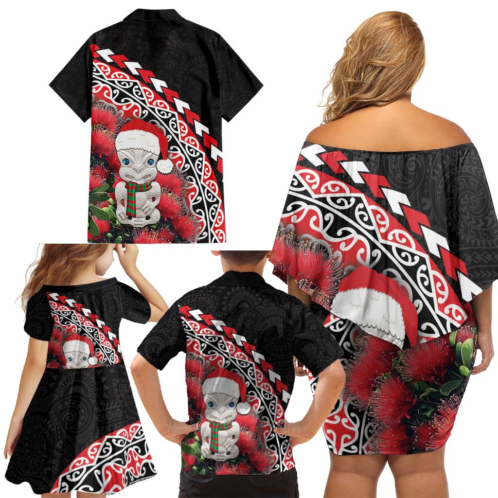 New Zealand Christmas Meri Kirihimete Family Matching Off Shoulder Short Dress and Hawaiian Shirt Santa Hei Tiki Pohutukawa LT01 - Polynesian Pride