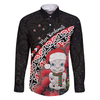 New Zealand Christmas Meri Kirihimete Family Matching Puletasi and Hawaiian Shirt Santa Hei Tiki Pohutukawa LT01 Dad's Shirt - Long Sleeve Black - Polynesian Pride