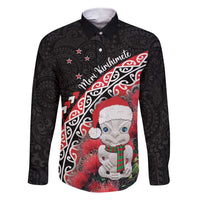New Zealand Christmas Meri Kirihimete Family Matching Short Sleeve Bodycon Dress and Hawaiian Shirt Santa Hei Tiki Pohutukawa LT01 Dad's Shirt - Long Sleeve Black - Polynesian Pride