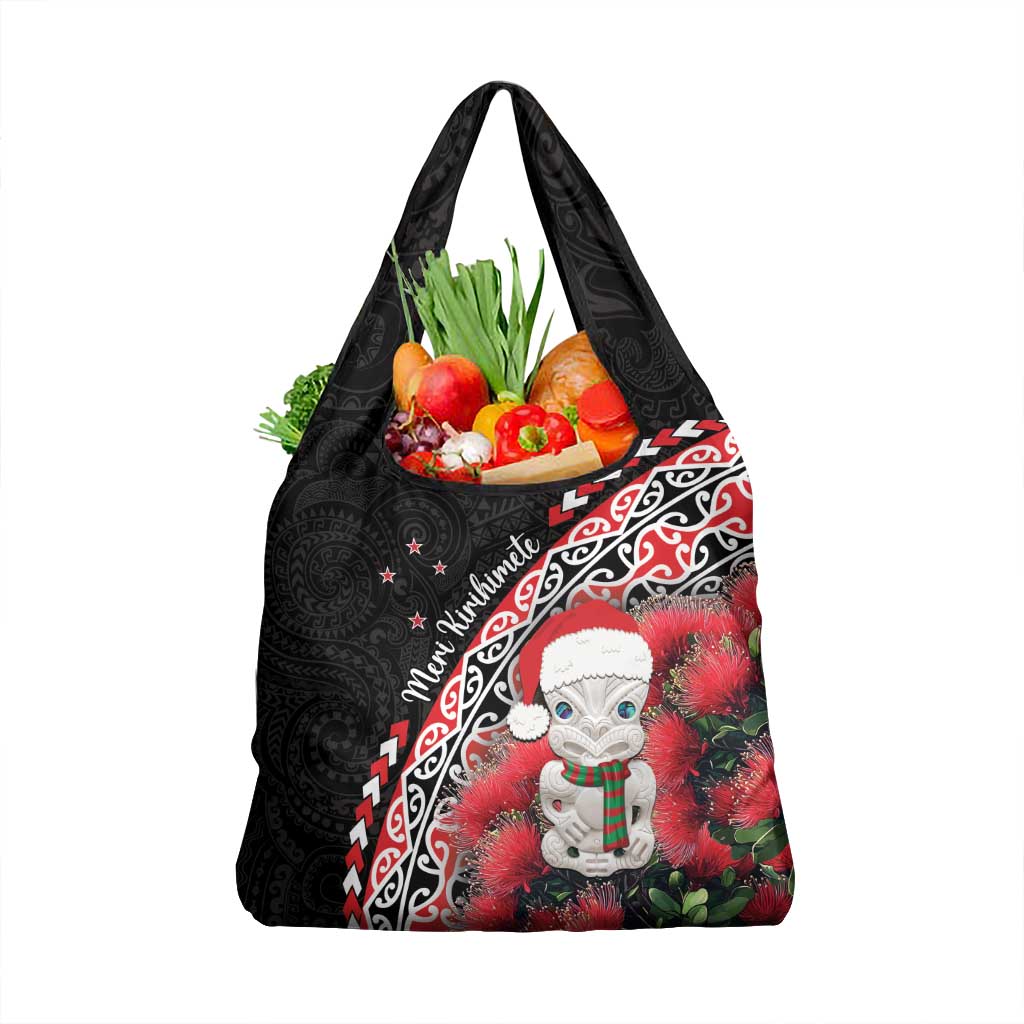 New Zealand Christmas Meri Kirihimete Grocery Bag Santa Hei Tiki Pohutukawa LT01 1-pack One Size Black - Polynesian Pride
