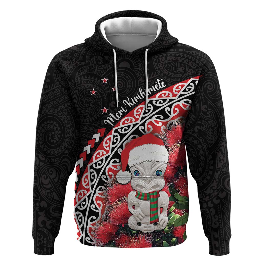 New Zealand Christmas Meri Kirihimete Hoodie Santa Hei Tiki Pohutukawa LT01 Pullover Hoodie Black - Polynesian Pride