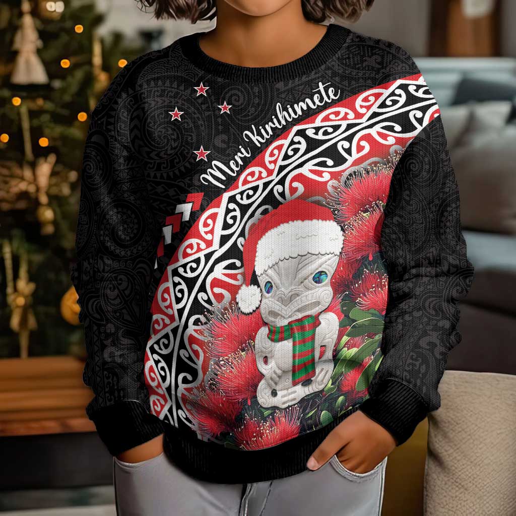 New Zealand Christmas Meri Kirihimete Kid Ugly Christmas Sweater Santa Hei Tiki Pohutukawa LT01 - Polynesian Pride