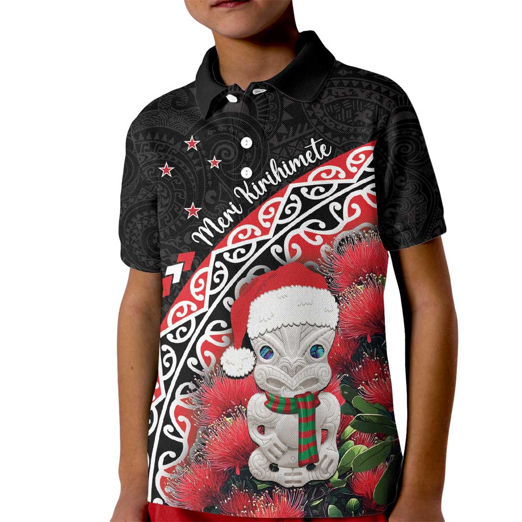 New Zealand Christmas Meri Kirihimete Kid Polo Shirt Santa Hei Tiki Pohutukawa LT01 Kid Black - Polynesian Pride