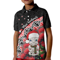 New Zealand Christmas Meri Kirihimete Kid Polo Shirt Santa Hei Tiki Pohutukawa LT01 Kid Black - Polynesian Pride