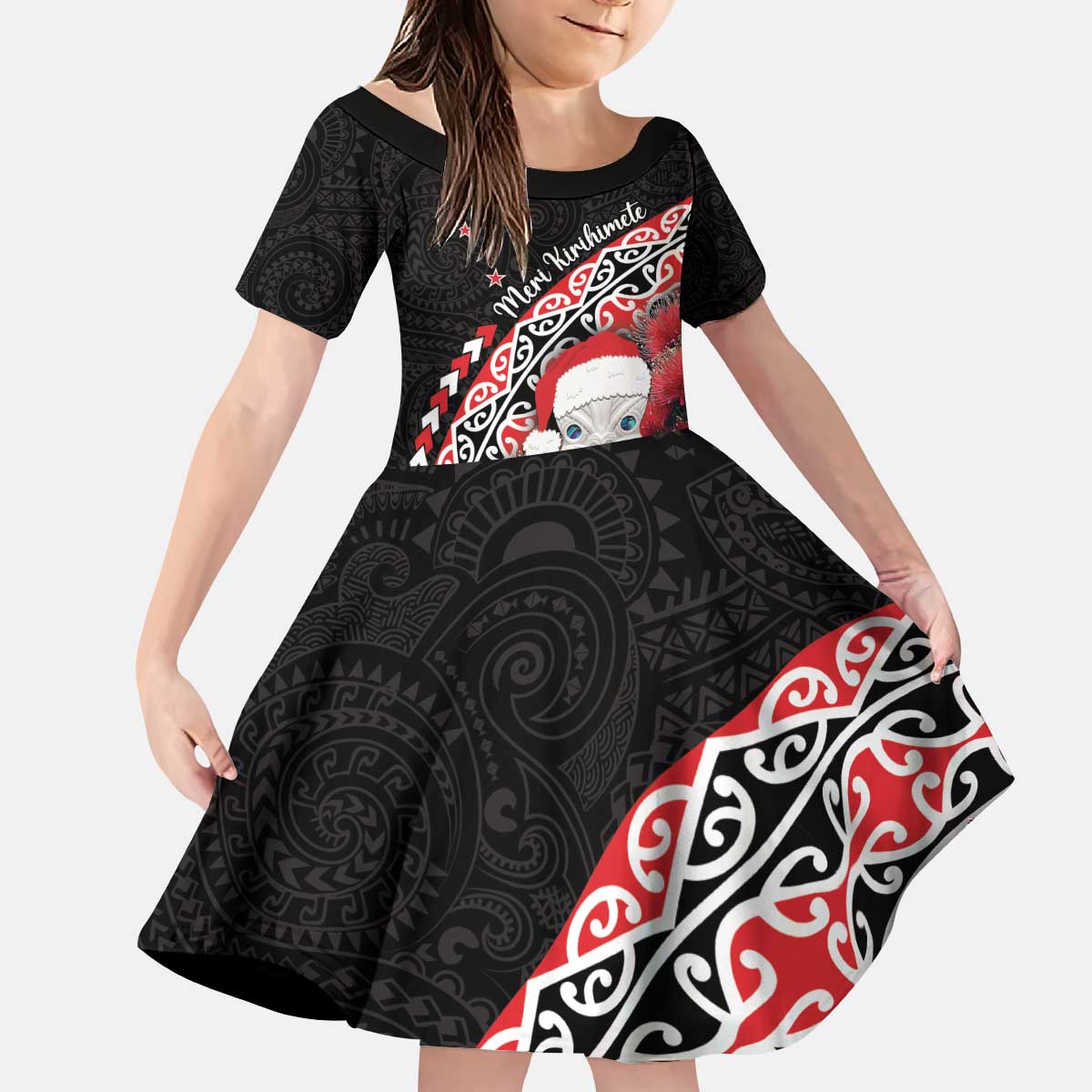 New Zealand Christmas Meri Kirihimete Kid Short Sleeve Dress Santa Hei Tiki Pohutukawa LT01 KID Black - Polynesian Pride