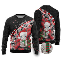 New Zealand Christmas Meri Kirihimete Ugly Christmas Sweater Santa Hei Tiki Pohutukawa LT01 Black - Polynesian Pride