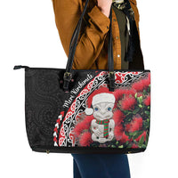 New Zealand Christmas Meri Kirihimete Leather Tote Bag Santa Hei Tiki Pohutukawa LT01 - Polynesian Pride