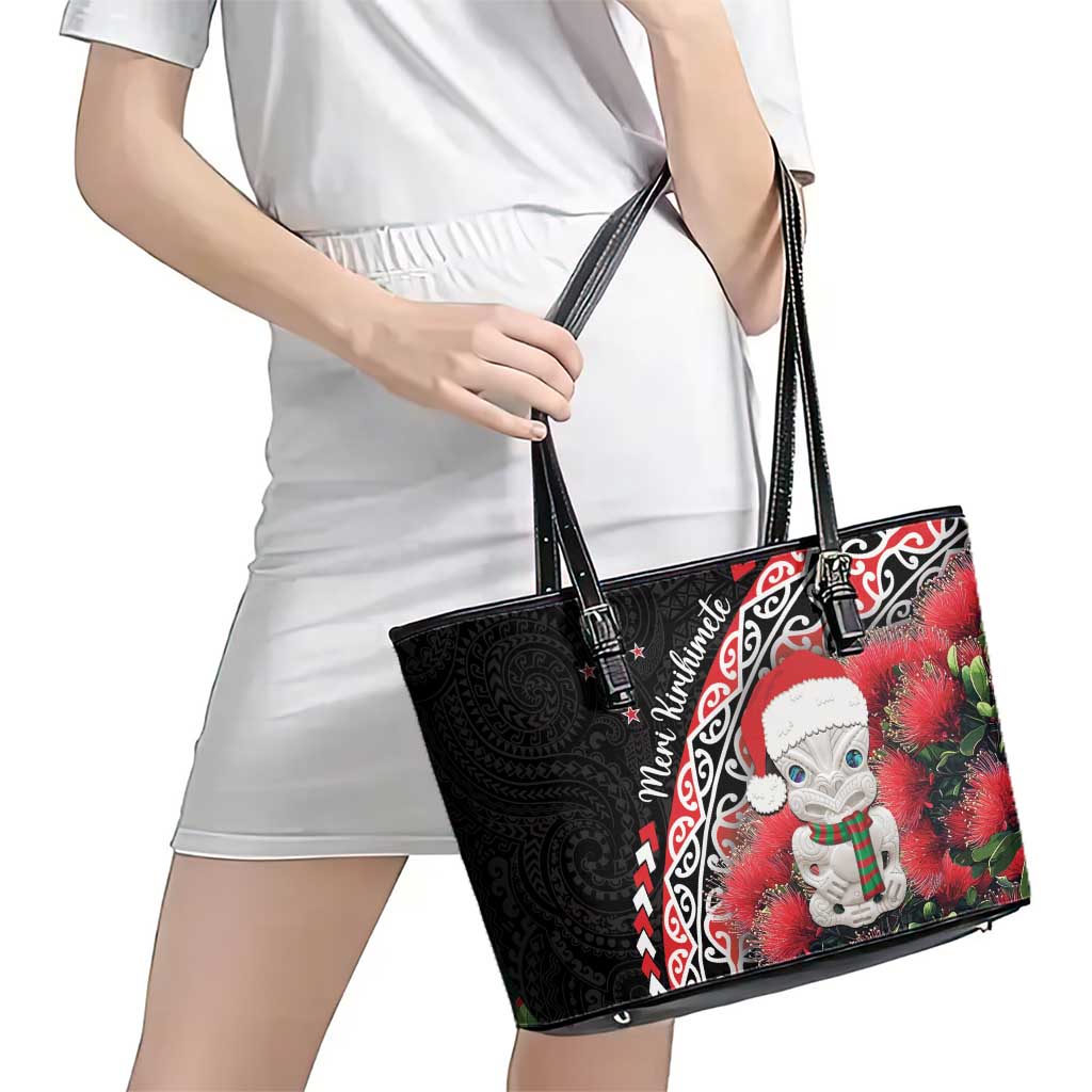 New Zealand Christmas Meri Kirihimete Leather Tote Bag Santa Hei Tiki Pohutukawa LT01 - Polynesian Pride