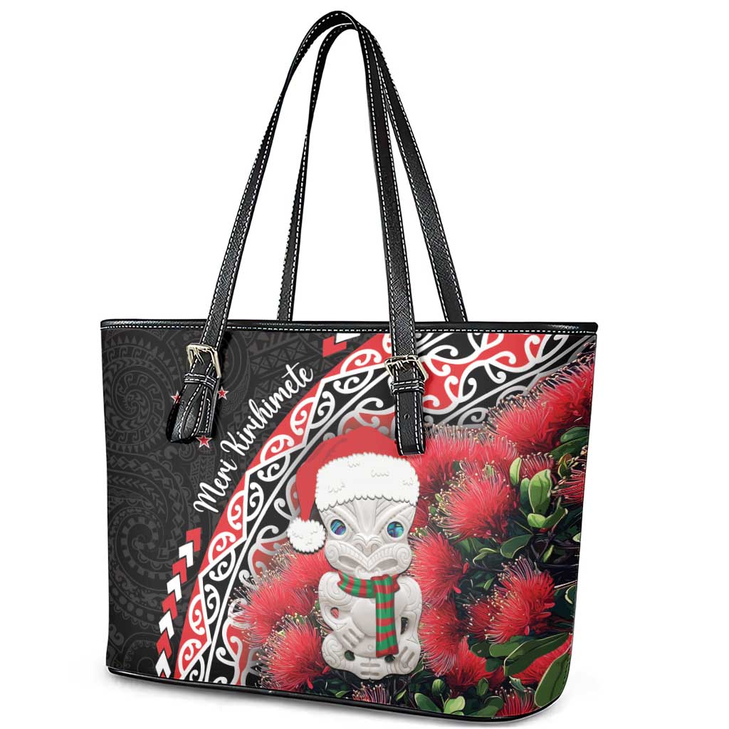 New Zealand Christmas Meri Kirihimete Leather Tote Bag Santa Hei Tiki Pohutukawa LT01 - Polynesian Pride