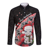 New Zealand Christmas Meri Kirihimete Long Sleeve Button Shirt Santa Hei Tiki Pohutukawa LT01 Unisex Black - Polynesian Pride