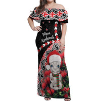 New Zealand Christmas Meri Kirihimete Off Shoulder Maxi Dress Santa Hei Tiki Pohutukawa LT01 Women Black - Polynesian Pride