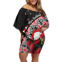 New Zealand Christmas Meri Kirihimete Off Shoulder Short Dress Santa Hei Tiki Pohutukawa LT01 Women Black - Polynesian Pride