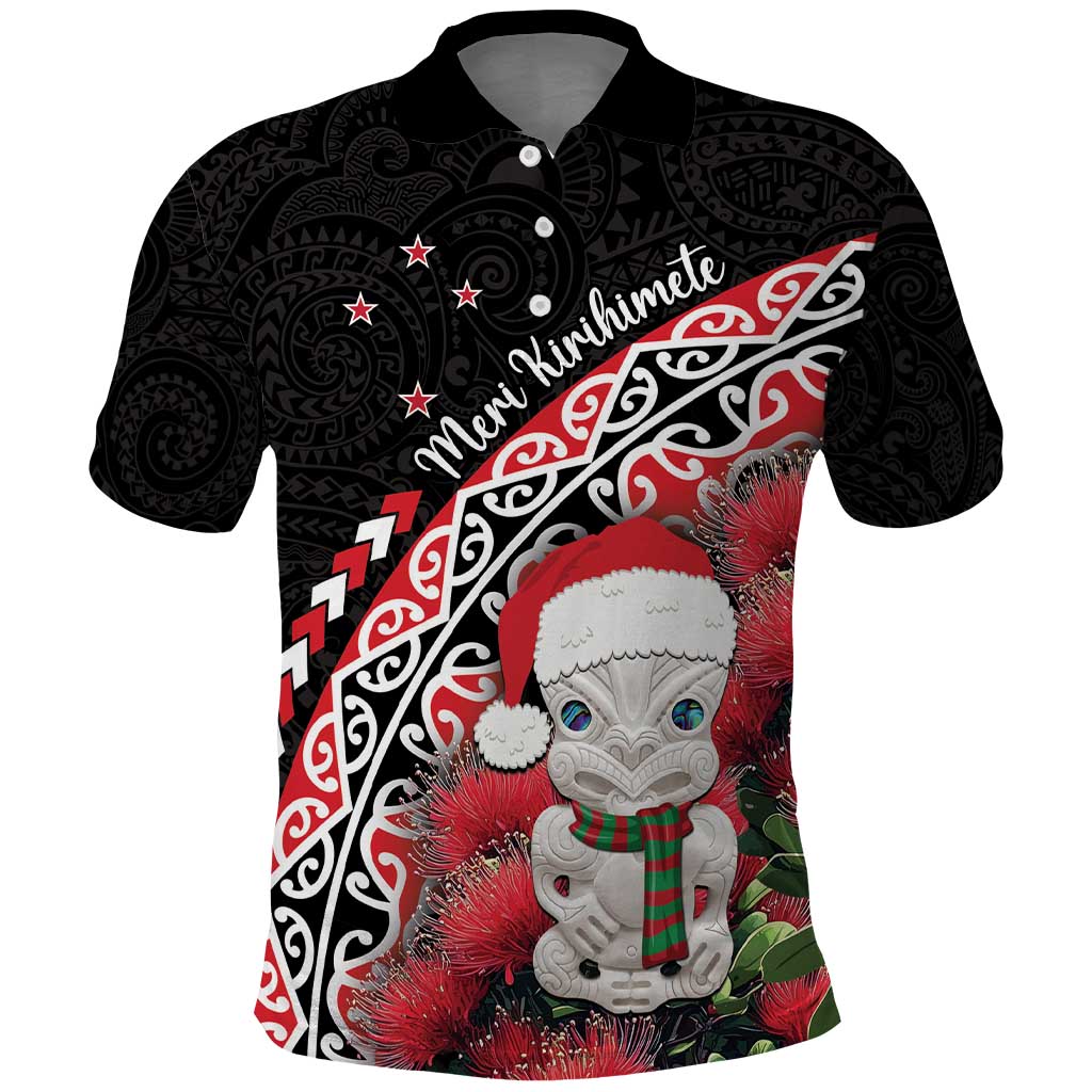 New Zealand Christmas Meri Kirihimete Polo Shirt Santa Hei Tiki Pohutukawa LT01 Black - Polynesian Pride
