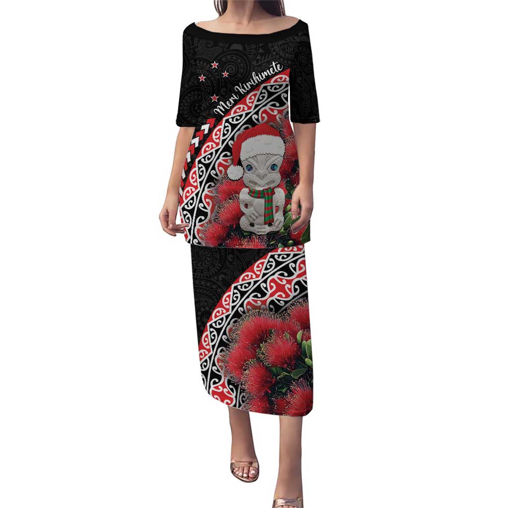 New Zealand Christmas Meri Kirihimete Puletasi Santa Hei Tiki Pohutukawa LT01 Long Dress Black - Polynesian Pride