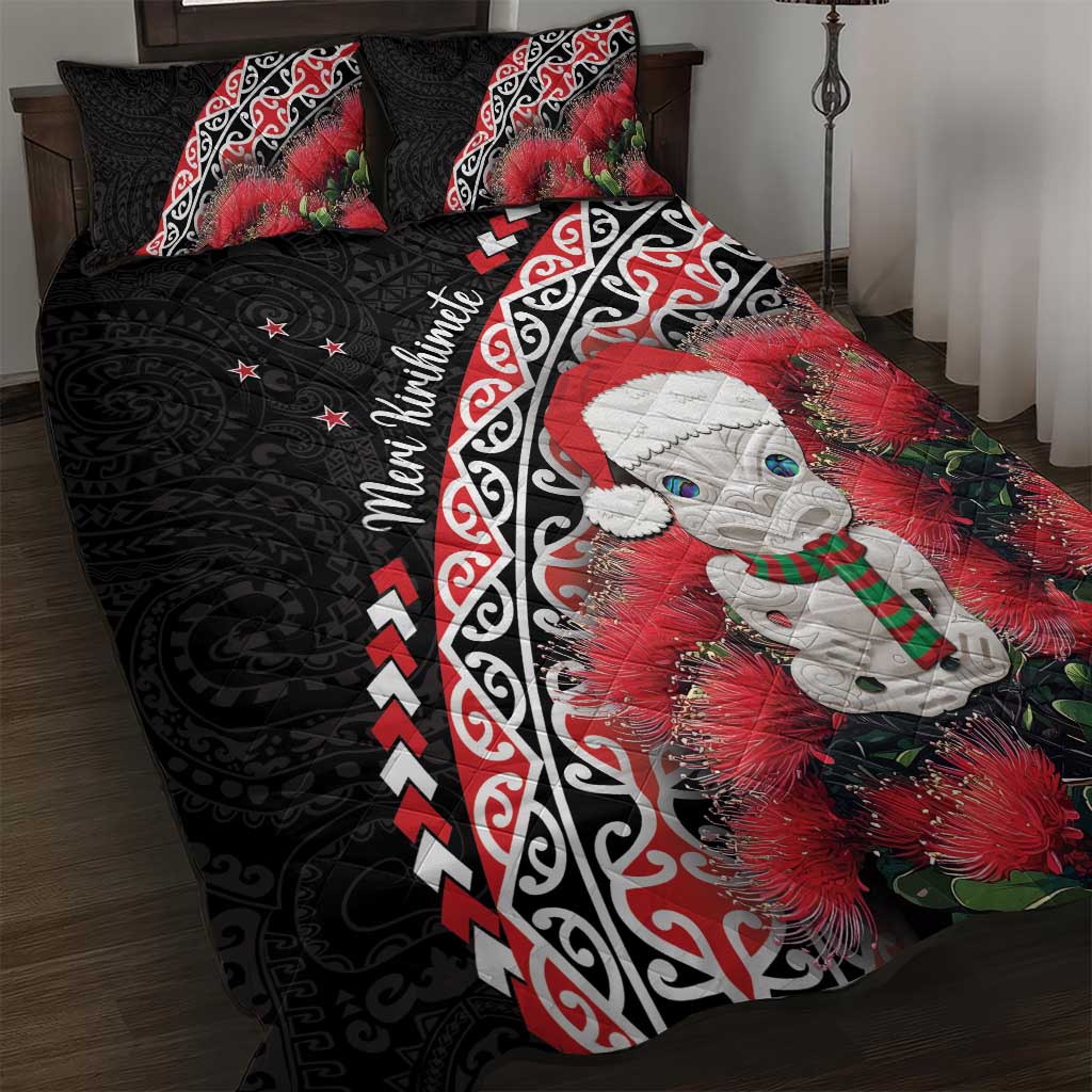 New Zealand Christmas Meri Kirihimete Quilt Bed Set Santa Hei Tiki Pohutukawa LT01 Black - Polynesian Pride