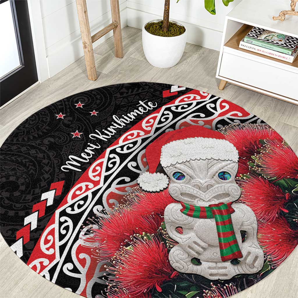 New Zealand Christmas Meri Kirihimete Round Carpet Santa Hei Tiki Pohutukawa LT01 Black - Polynesian Pride
