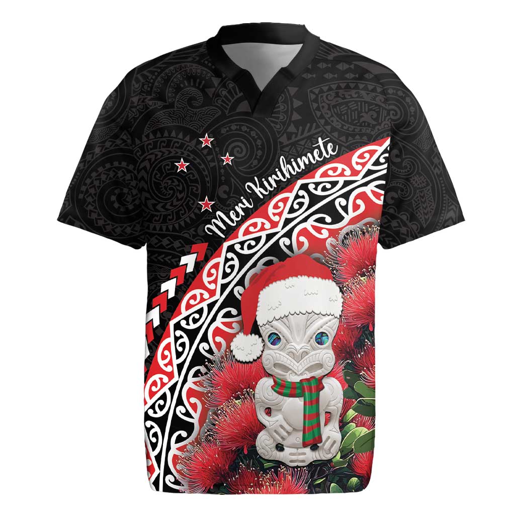 New Zealand Christmas Meri Kirihimete Rugby Jersey Santa Hei Tiki Pohutukawa LT01 Black - Polynesian Pride