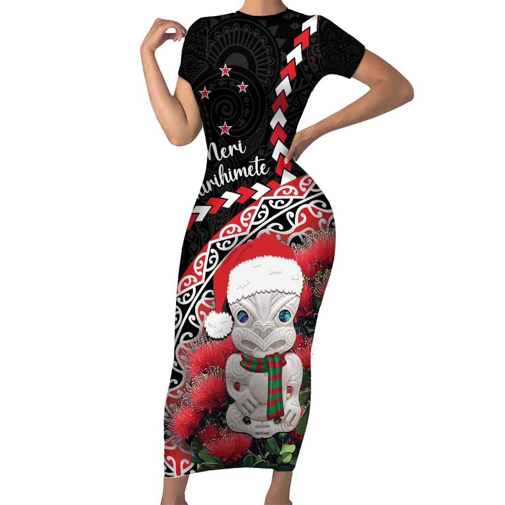 New Zealand Christmas Meri Kirihimete Short Sleeve Bodycon Dress Santa Hei Tiki Pohutukawa LT01 Long Dress Black - Polynesian Pride