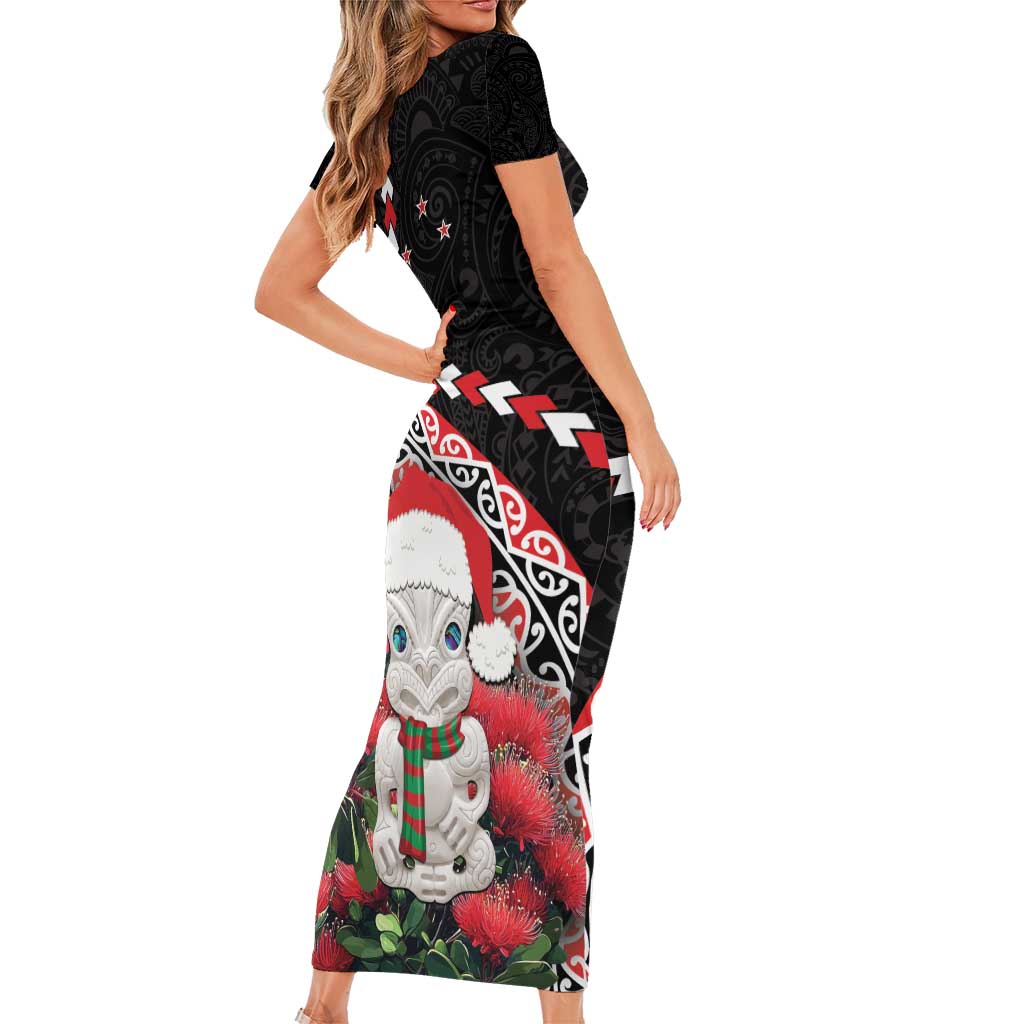 New Zealand Christmas Meri Kirihimete Short Sleeve Bodycon Dress Santa Hei Tiki Pohutukawa LT01 - Polynesian Pride