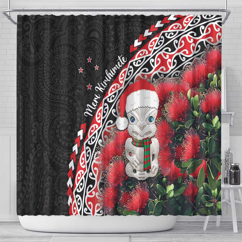 New Zealand Christmas Meri Kirihimete Shower Curtain Santa Hei Tiki Pohutukawa LT01 - Polynesian Pride