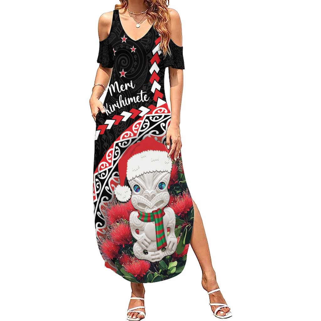 New Zealand Christmas Meri Kirihimete Summer Maxi Dress Santa Hei Tiki Pohutukawa LT01 Women Black - Polynesian Pride
