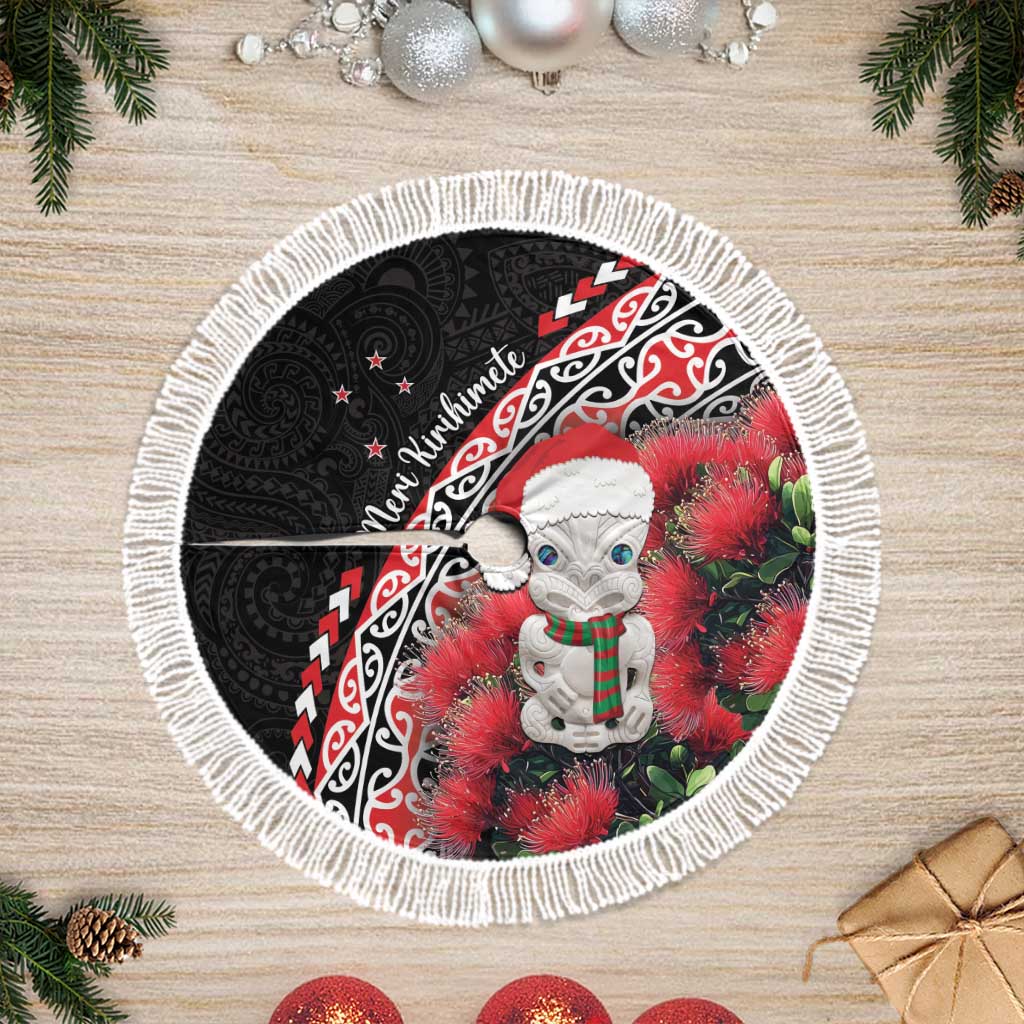 New Zealand Christmas Meri Kirihimete Tree Skirt Santa Hei Tiki Pohutukawa LT01 Fringed Black - Polynesian Pride