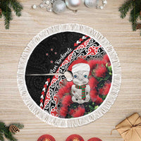 New Zealand Christmas Meri Kirihimete Tree Skirt Santa Hei Tiki Pohutukawa LT01 Fringed Black - Polynesian Pride
