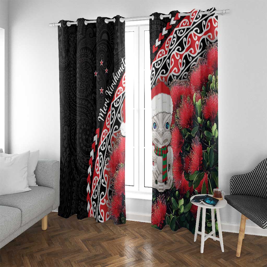 New Zealand Christmas Meri Kirihimete Window Curtain Santa Hei Tiki Pohutukawa LT01 With Grommets Black - Polynesian Pride