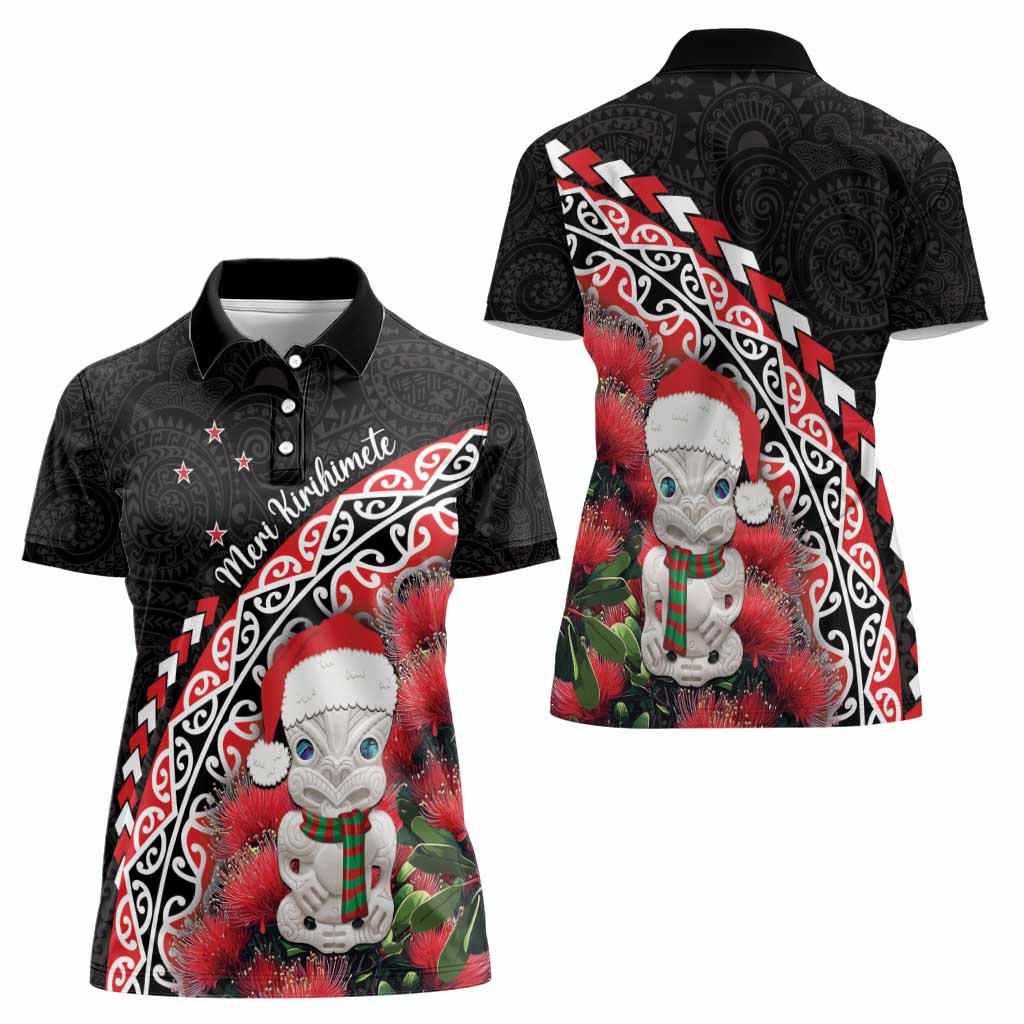 New Zealand Christmas Meri Kirihimete Women Polo Shirt Santa Hei Tiki Pohutukawa LT01 - Polynesian Pride