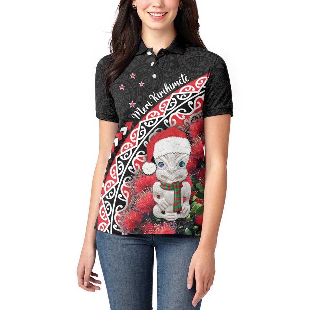 New Zealand Christmas Meri Kirihimete Women Polo Shirt Santa Hei Tiki Pohutukawa LT01 - Polynesian Pride