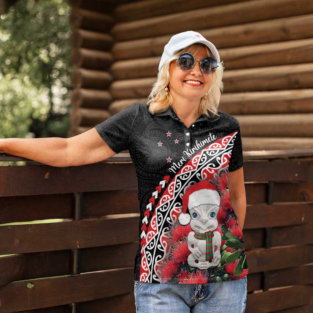 New Zealand Christmas Meri Kirihimete Women Polo Shirt Santa Hei Tiki Pohutukawa LT01 - Polynesian Pride