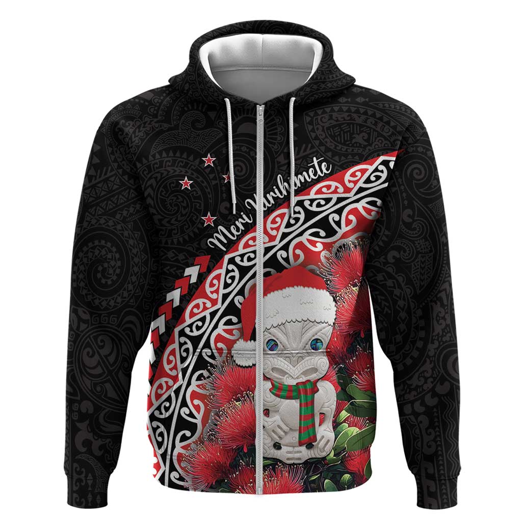 New Zealand Christmas Meri Kirihimete Zip Hoodie Santa Hei Tiki Pohutukawa LT01 Zip Hoodie Black - Polynesian Pride