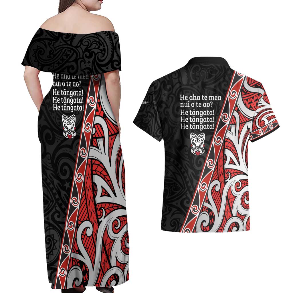 Aotearoa Toitu Te Tiriti Couples Matching Off Shoulder Maxi Dress and Hawaiian Shirt Honour The Treaty New Zealand LT01 - Polynesian Pride