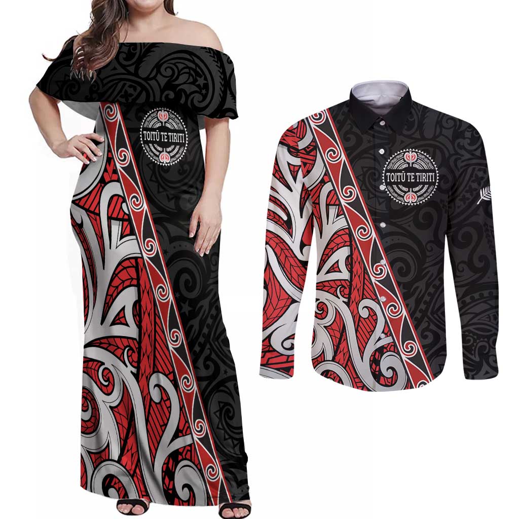 Aotearoa Toitu Te Tiriti Couples Matching Off Shoulder Maxi Dress and Long Sleeve Button Shirt Honour The Treaty New Zealand