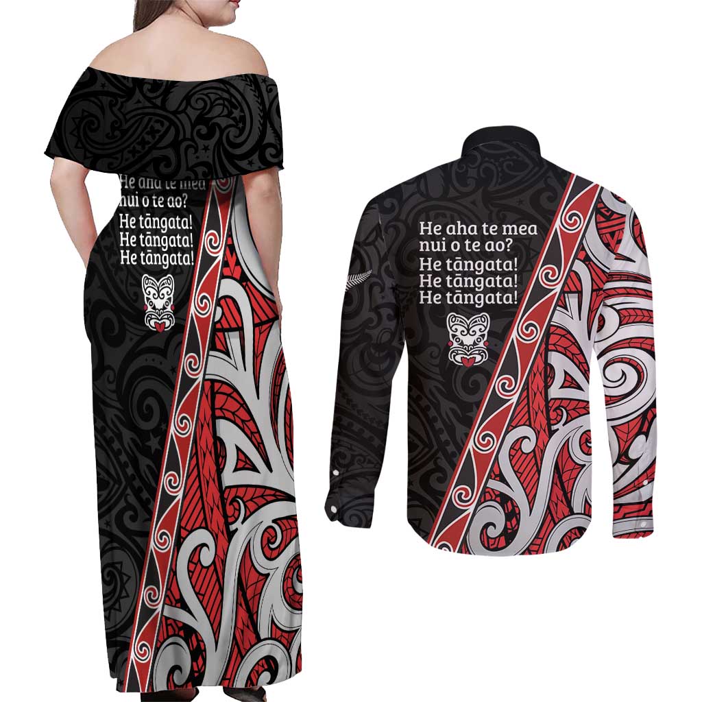Aotearoa Toitu Te Tiriti Couples Matching Off Shoulder Maxi Dress and Long Sleeve Button Shirt Honour The Treaty New Zealand