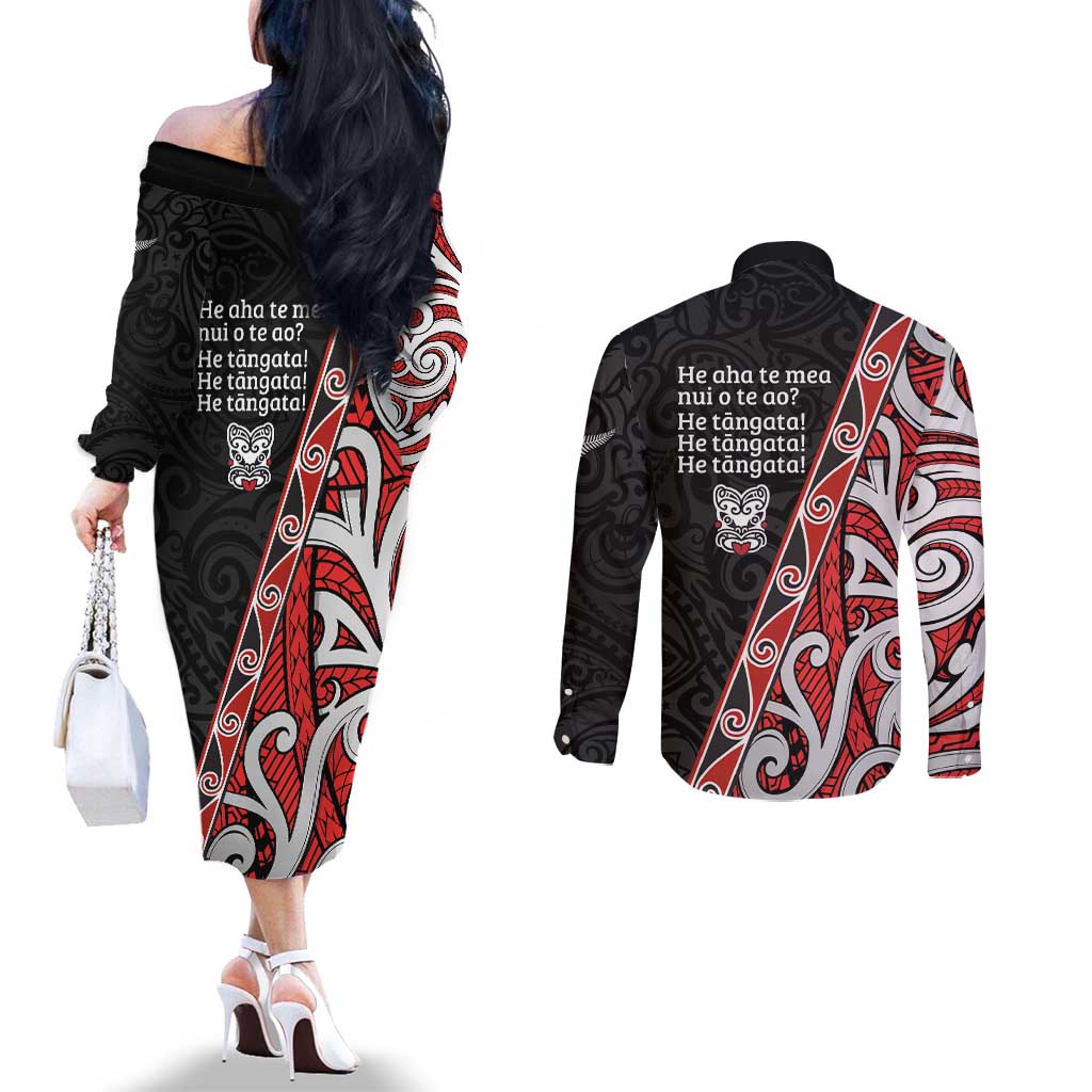Aotearoa Toitu Te Tiriti Couples Matching Off The Shoulder Long Sleeve Dress and Long Sleeve Button Shirt Honour The Treaty New Zealand