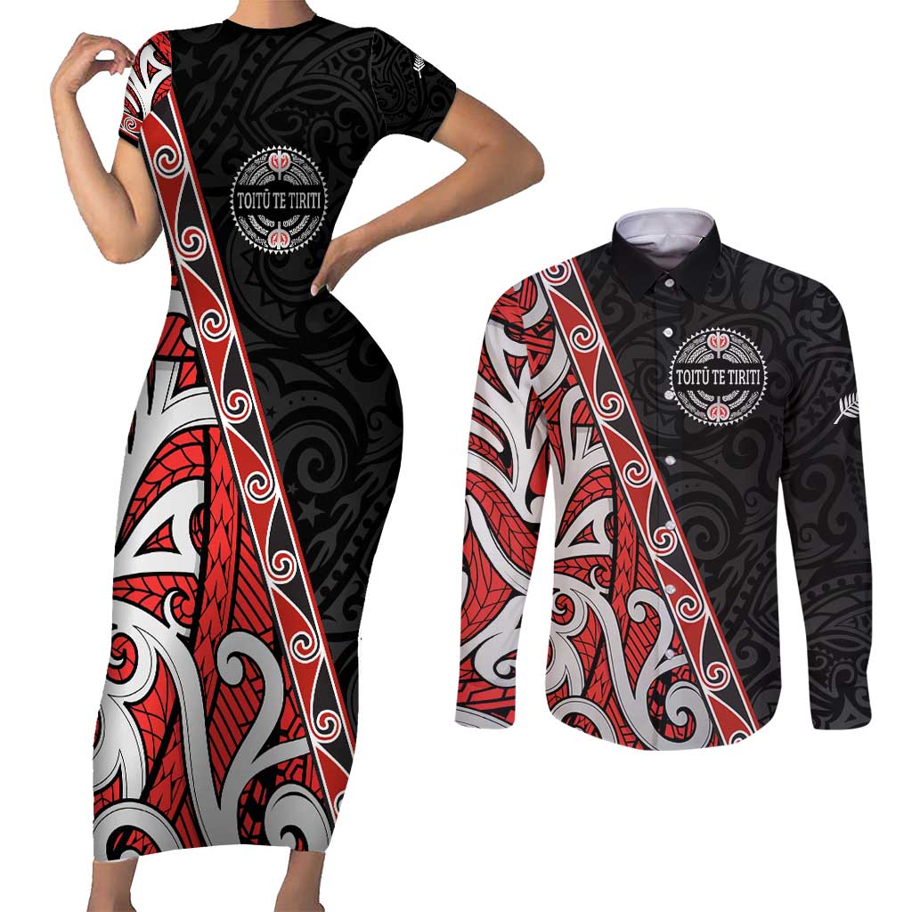 Aotearoa Toitu Te Tiriti Couples Matching Short Sleeve Bodycon Dress and Long Sleeve Button Shirt Honour The Treaty New Zealand