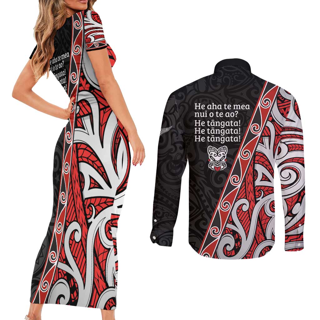 Aotearoa Toitu Te Tiriti Couples Matching Short Sleeve Bodycon Dress and Long Sleeve Button Shirt Honour The Treaty New Zealand