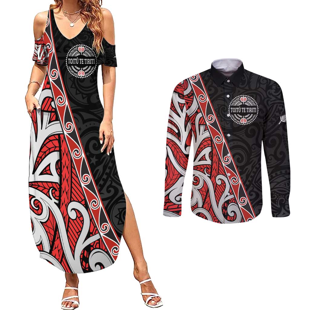 Aotearoa Toitu Te Tiriti Couples Matching Summer Maxi Dress and Long Sleeve Button Shirt Honour The Treaty New Zealand