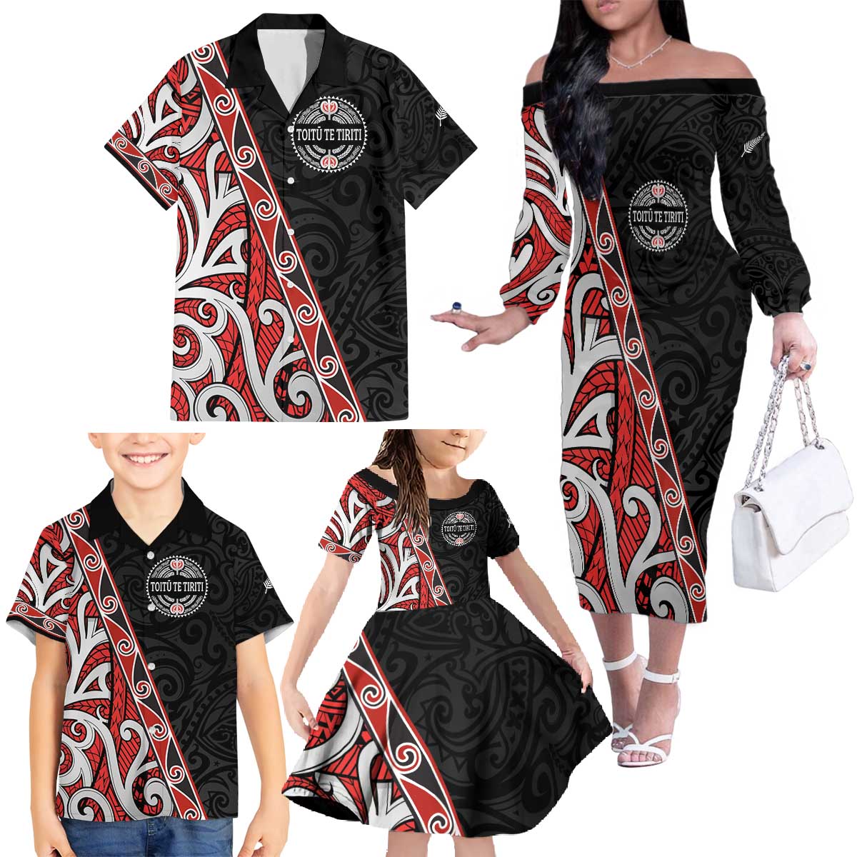 Aotearoa Toitu Te Tiriti Family Matching Off The Shoulder Long Sleeve Dress and Hawaiian Shirt Honour The Treaty New Zealand LT01 - Polynesian Pride