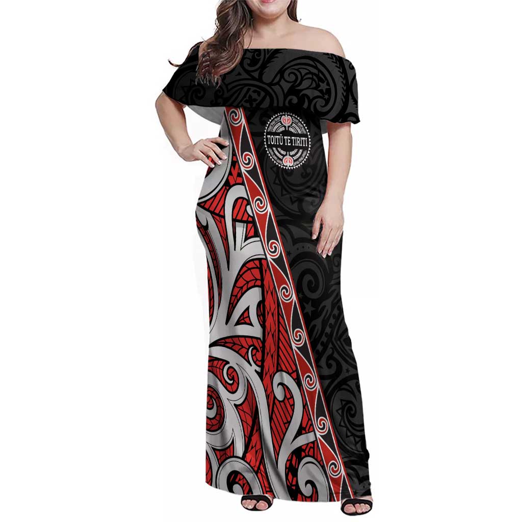 Aotearoa Toitu Te Tiriti Family Matching Off Shoulder Maxi Dress and Hawaiian Shirt Honour The Treaty New Zealand LT01 Mom's Dress Black - Polynesian Pride